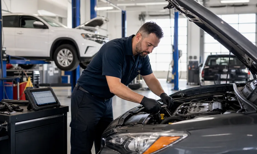 Licensed mechanic completing vehicle repair in a clean independent auto repair bay