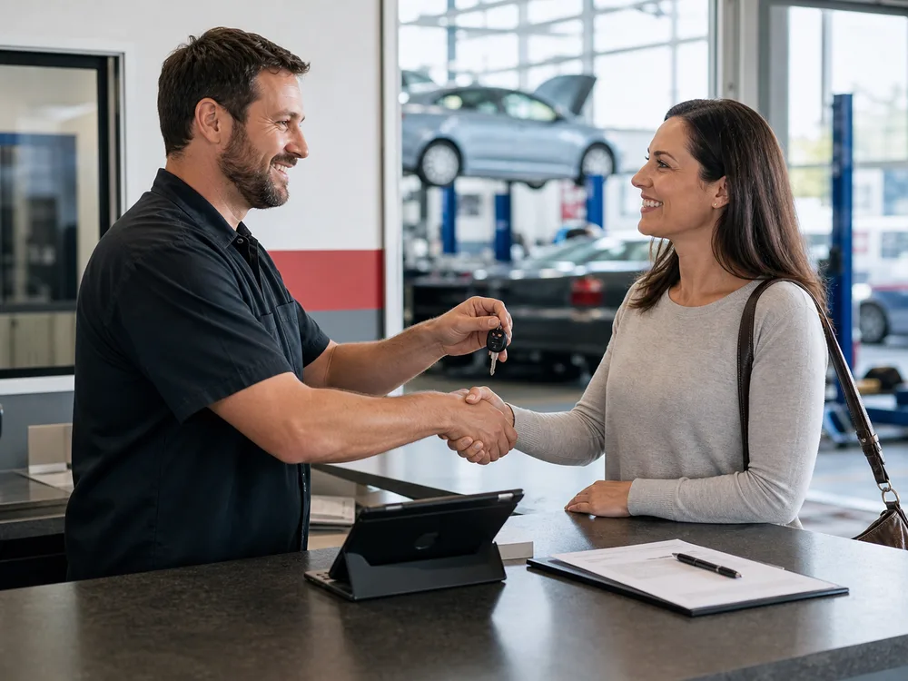 Repair shop owner handing vehicle keys to a customer after payment is settled